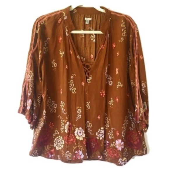 Ecote Lily Lace Up Floral Top Boho Gypsy Hippie - Picture 1 of 8